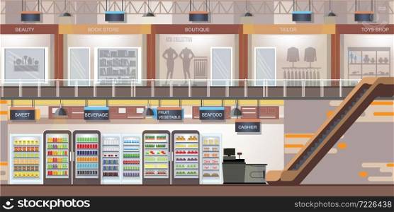 Shopping mall with modern retail store and supermarket. Shopping interior center building design commercial vector illustration.