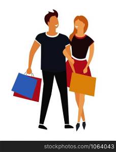 Shopping man and woman or couple with bags or packs isolated icon guy and girl holding hands and packagings with goods and purchases husband and wife or girlfriend and boyfriend buying vector.. Shopping man and woman or couple with bags or packs isolated icon