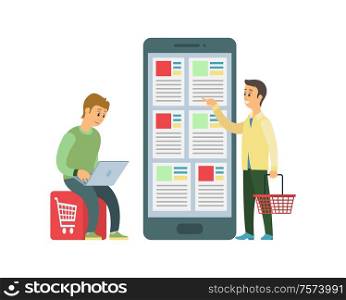 Shopping men people vector, online orders from internet. Smartphone with website and options to choose, ecommerce marketplace on cyberspace, customers. Shopping Men People, Online Orders from Internet