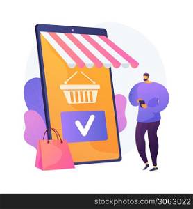 Shopping mobile app, online store service. Smartphone application, internet purchase, making order. Customer cartoon character. Adding product to cart. Vector isolated concept metaphor illustration.. Shopping mobile app vector concept metaphor.