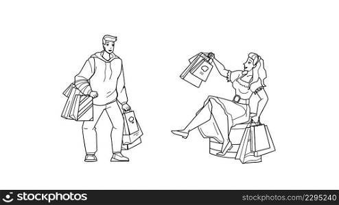 Shopping Offer And Discount For Clients Black Line Pencil Drawing Vector. Young Man And Woman Customers Making Purchases With Special Shopping Offer. Characters Store Seasonal Sales Illustration. Shopping Offer And Discount For Clients Vector