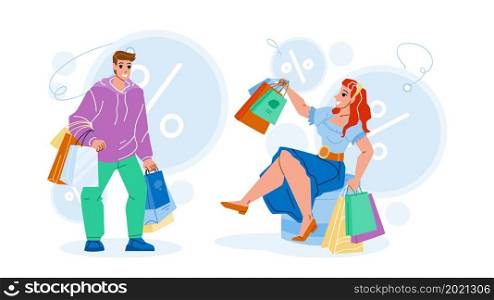 Shopping Offer And Discount For Clients Vector. Young Man And Woman Customers Making Purchases With Special Shopping Offer. Characters Store Seasonal Sales Flat Cartoon Illustration. Shopping Offer And Discount For Clients Vector