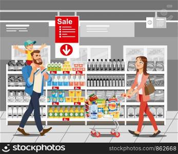 Shopping on Supermarket Sale Cartoon Vector Illustration with People Walking near Shelves with Food and Buying Groceries. Planning Family Ration, Food Savings, Clever Shopping to Save Money Concept