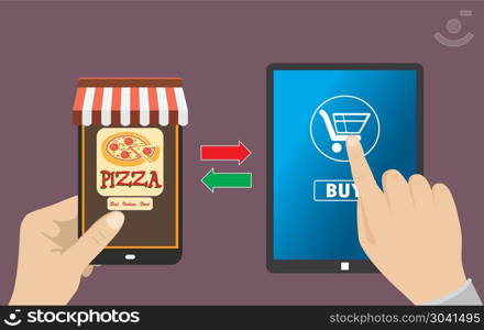 shopping on the tablet, flat design. One hand holds a smartphone shop, the other hand holding a tabet pc with icon shopping, e-commerce on the phone and tablet, flat design. shopping on the tablet, flat design