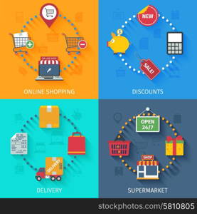 Shopping online and supermarket concept icons set flat shadow isolated vector illustration . Shopping concept icons set