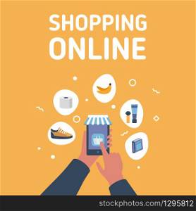 Shopping online app infographics with a hand holding a phone with circular icons. Web banner, app promotion, e-commerce, mobile shopping concept. Shopping online app infographics with a hand holding a phone with circular icons