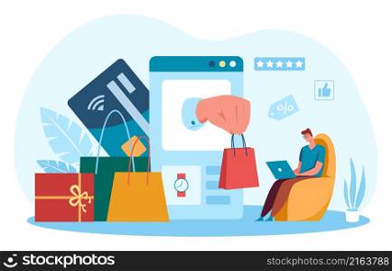 Shopping online, buy and pay remotely from home. Vector online payment, remote order and shopping illustration. Shopping online, buy and pay remotely from home