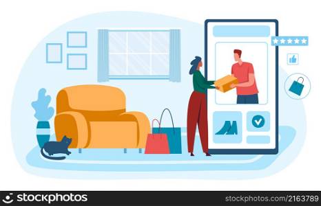 Shopping online, buy pay and receive parcel at home. Vector online shipping parcel, payment and delivery product illustration. Shopping online, buy pay and receive parcel at home