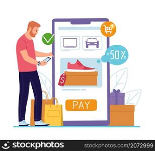 Shopping online. Buyer standing with huge smartphone, pays for purchases using mobile app, trading applications, internet ordering, big sale and discount, vector cartoon flat style isolated concept. Shopping online. Buyer standing with huge smartphone, pays for purchases using mobile application, internet ordering, big sale and discount, vector cartoon flat style isolated concept