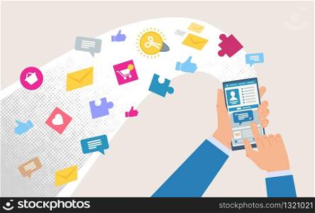 Shopping Online, Communicating, Working with Mobile Phone Apps Flat Vector Concept with Sales Advertising, Social Network Messages, E-Mails Flying Off from Smartphone Screen in Mans Hands Illustration