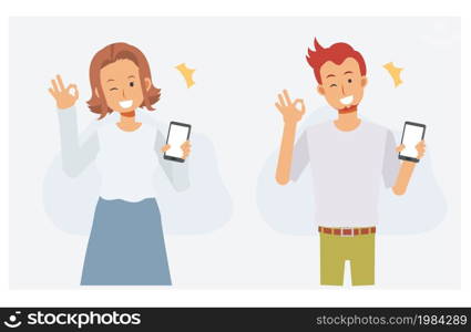 Shopping online concept, presentation,Technology, promotion, advertisement, communication,Happy people with hand sign ok gesture. Flat vector 2d cartoon character illustration