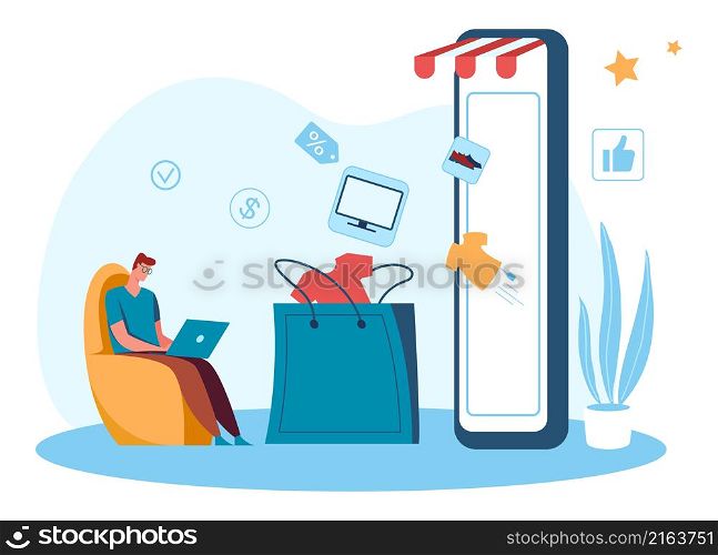 Shopping online from home sitting in chair. Commerce marketing service online, web e-commerce app, vector illustration. Shopping online from home sitting in chair
