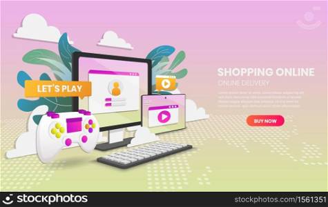 Shopping online on mobile phone. Online delivery service.3d vector illustration,Hero image for website