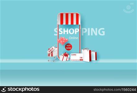 Shopping Online on smartphone or Mobile Application Concept idea Marketing and Digital marketing. Horizontal view studio table room background ,product with copy space for display of content holiday