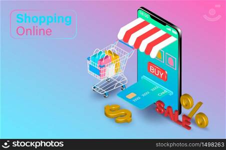 Shopping online on smartphone with credit cart. Shopping cart with bags on the side. isometric flat vector design