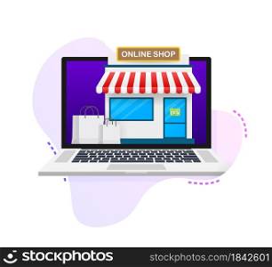 Shopping Online on Website. Online store, shop concept on laptop screen. Vector illustration.. Shopping Online on Website. Online store, shop concept on laptop screen. Vector illustration
