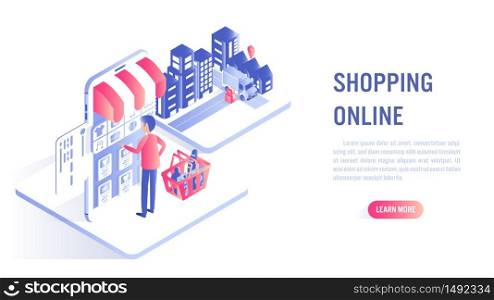 Shopping Online on Website or Mobile Application Concept. Fast delivery. Vector illustration isometric flat design