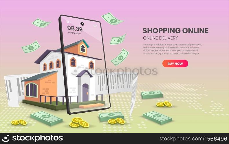 Shopping Online on Website or Mobile Application Vector Concept Marketing and Digital marketing,3d vector illustration.