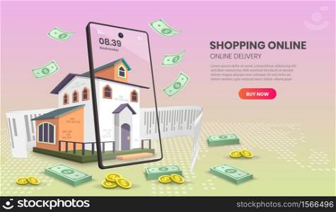 Shopping Online on Website or Mobile Application Vector Concept Marketing and Digital marketing,3d vector illustration.