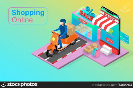 Shopping online on Website or Mobile Application with credit cart. Shopping cart with Fast delivery by scooter. isometric flat vector design
