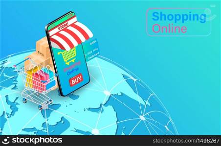 Shopping online on Website or Mobile Application with credit cart. Shopping cart with Fast delivery global. isometric flat vector design