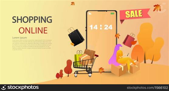 Shopping Online on Website, service package appear from screen phone by courier at home.