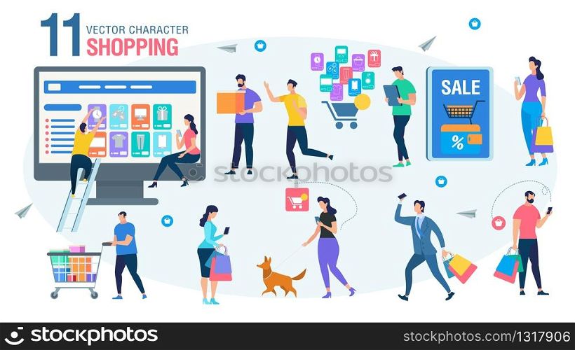 Shopping Online People Trendy Flat Vector Characters Set. Men and Woman Characters Choosing Goods in Internet Shop, Female, Male Buyers Ordering, Purchasing Products on Web Store Sale Illustration