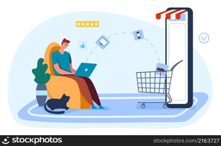 Shopping online remotely from home, internet marketing. Illustration of internet online from home, marketing concept use smartphone vector. Shopping online remotely from home, internet marketing