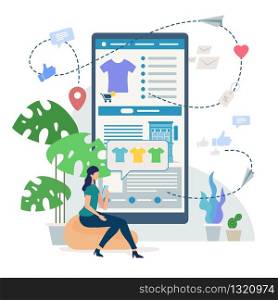 Shopping Online Service, Womans Clothing Store Mobile Application Flat Vector Concept. Woman with Cellphone, Buying T-Shirt, Choosing Goods Color, Ordering Home Delivery in Internet Shop Illustration