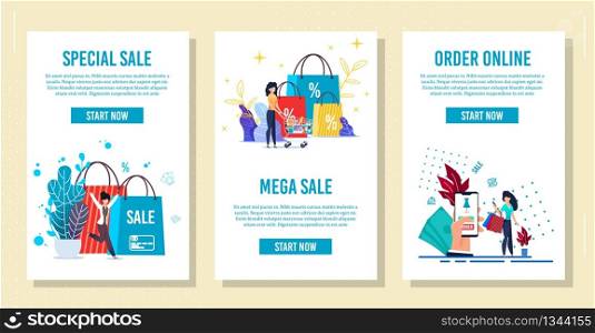 Shopping Online. Special and Mega Sale Advertisement. Mobile Pages for Social Network and Apps Flat Set. Happy Cartoon Woman Characters Enjoying Fast Purchasing via Internet. Vector Illustration. Shopping Mobile Pages for Social Network Apps Set
