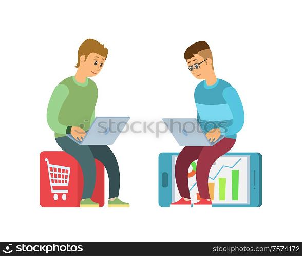 Shopping online vector, purchases on websites in internet. Ecommerce, people sitting on trolley and smartphone, using laptops to make orders in stores. Shopping Online, Purchases on Websites in Internet