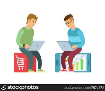 Shopping online vector, purchases on websites in internet. Ecommerce, people sitting on trolley and smartphone, using laptops to make orders in stores. Shopping Online, Purchases on Websites in Internet