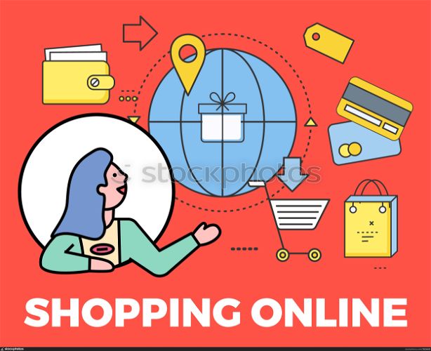 Shopping online with credit card, cash and preset symbols on red. Avatar of female character in round shape showing electronic purchase objects. Modern e-commerce and business equipment vector. Woman Avatar and Shopping Online Poster Vector