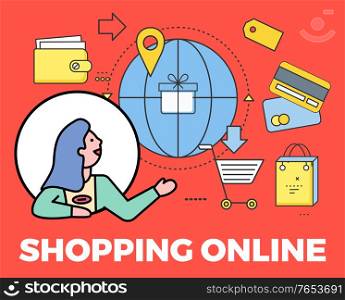 Shopping online with credit card, cash and preset symbols on red. Avatar of female character in round shape showing electronic purchase objects. Modern e-commerce and business equipment vector. Woman Avatar and Shopping Online Poster Vector
