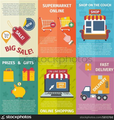 Shopping online with delivery and gifts mini posters set flat isolated vector illustration . Shopping mini posters set