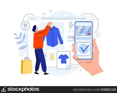 Shopping online with smartphone, man choosing clothes. Illustration online buy in store, shop e-commerce, vector clothing market. Shopping online with smartphone, man choosing clothes