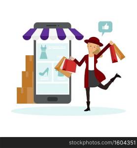 Shopping online,Woman is happy , like to shop online,Ordering on screen, Flat design vector illustration.
