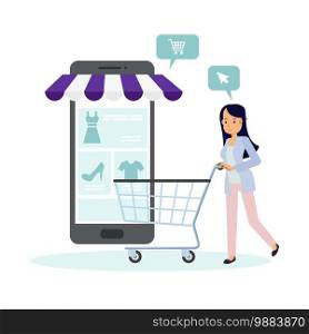 Shopping online,Woman with shopping cart,Ordering on screen, Flat design vector illustration.