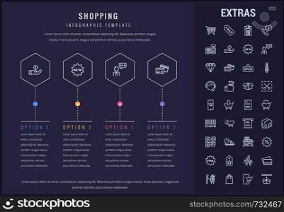 Shopping options infographic template, elements and icons. Infograph includes line icon set with shopping cart, online store, mobile shop, price tag, retail business, cash machine, credit card etc.. Shopping infographic template, elements and icons.