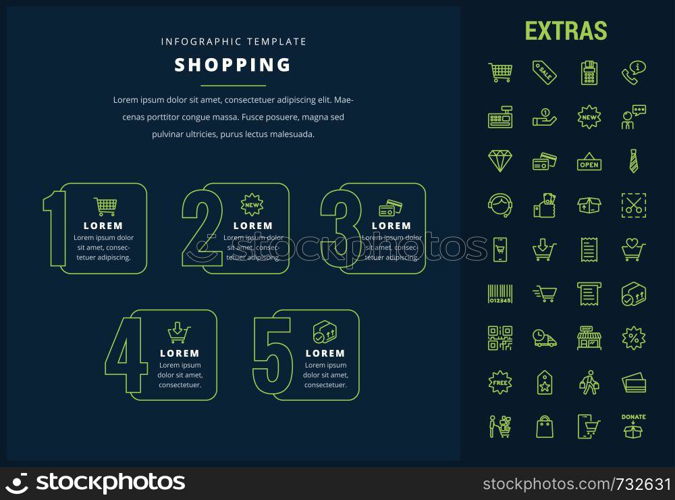 Shopping options infographic template, elements and icons. Infograph includes line icon set with shopping cart, online store, mobile shop, price tag, retail business, cash machine, credit card etc.. Shopping infographic template, elements and icons.