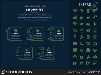 Shopping options infographic template, elements and icons. Infograph includes line icon set with shopping cart, online store, mobile shop, price tag, retail business, cash machine, credit card etc.. Shopping infographic template, elements and icons.