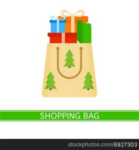 Shopping Paper Bag with Presents. Vector illustration of shopping paper bag with presents isolated on white background. Christmas gifts in flat style.
