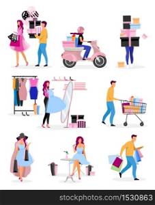 Shopping pastime flat vector characters set. Male, female shoppers buying clothes, presents. Purchasing gifts for birthday, Christmas. Choosing luxury outfit in boutique. Delivery service courier . Shopping pastime flat vector characters set. Male, female shoppers buying clothes, presents. Purchasing gifts for birthday, Christmas. Choosing luxury outfit in boutique. Delivery service courier