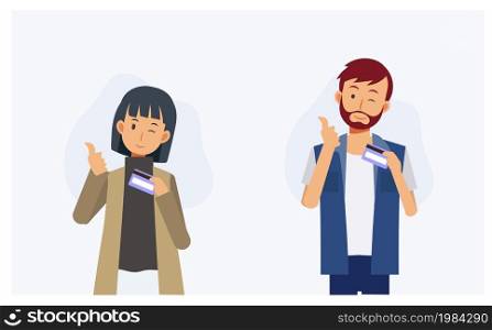 Shopping payment concept,Male and female showing credit card,happy smile, good. Flat vector 2d cartoon character illustration