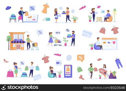 Shopping people bundle of flat scenes. Offer discounts in shop isolated set. Store website, bags, shoes, clothes, shoppers with purchases elements. Online marketplace cartoon vector illustration.