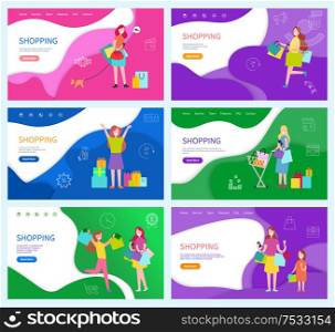 Shopping people carrying packages with purchases vector. Woman walking dog thinking of shoes store, lady with cart pushing trolley with bags presents. Shopping People Carrying Packages with Purchases