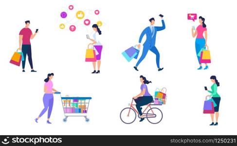 Shopping People Characters Set Isolated on White Background. Girl Pushing Trolley Cart, Woman Carry Purchases on Bike, Men with Bags. Online Store, Order and Delivery Cartoon Flat Vector Illustration.. Shopping People Set Isolated on White Background.