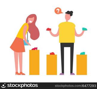 Shopping People Choosing on Vector Illustration. Shopping people, man don t know what to choose red or blue shoes and woman points at red shoes she wants to buy vector illustration