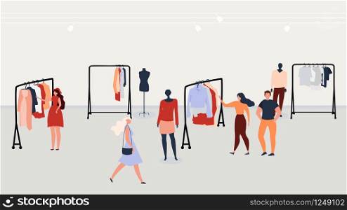 Shopping People Flat Vector with Women Looking at Dresses on Hangers, Choosing and Buying Clothes in Store Illustration. Shop Seasonal Sale, Discounts. Trendy Clothing Collection Presentation Concept