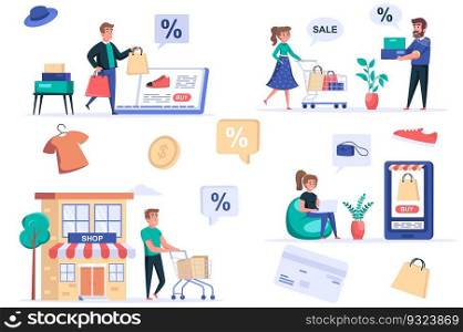 Shopping people isolated elements set. Bundle of men and women buying online and in store at discount price, clothing and footwear sales. Creator kit for vector illustration in flat cartoon design